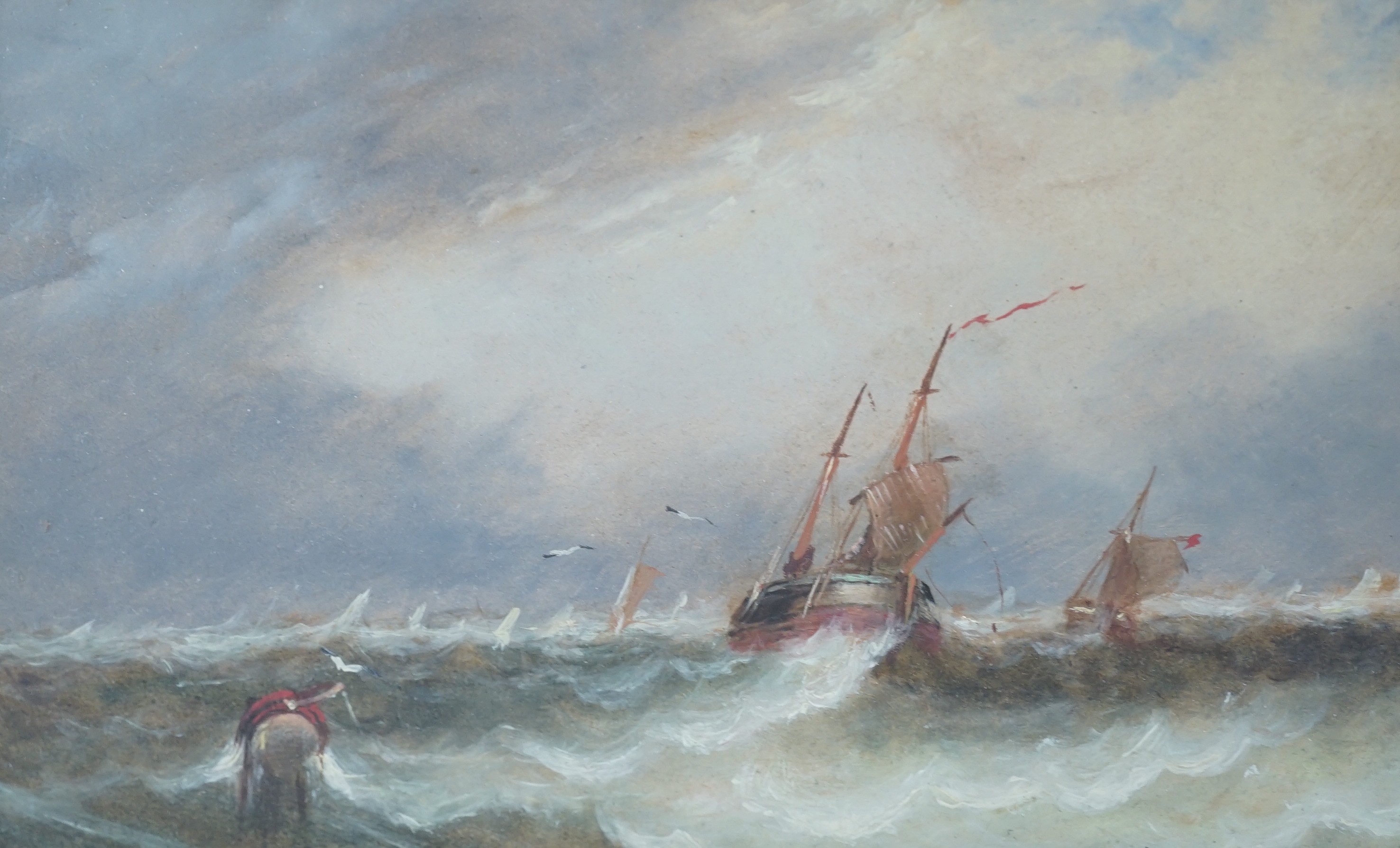 William James Durrant Ready (1823-1873), oil on board, Shipping at sea, indistinctly signed, 16 x 27cm